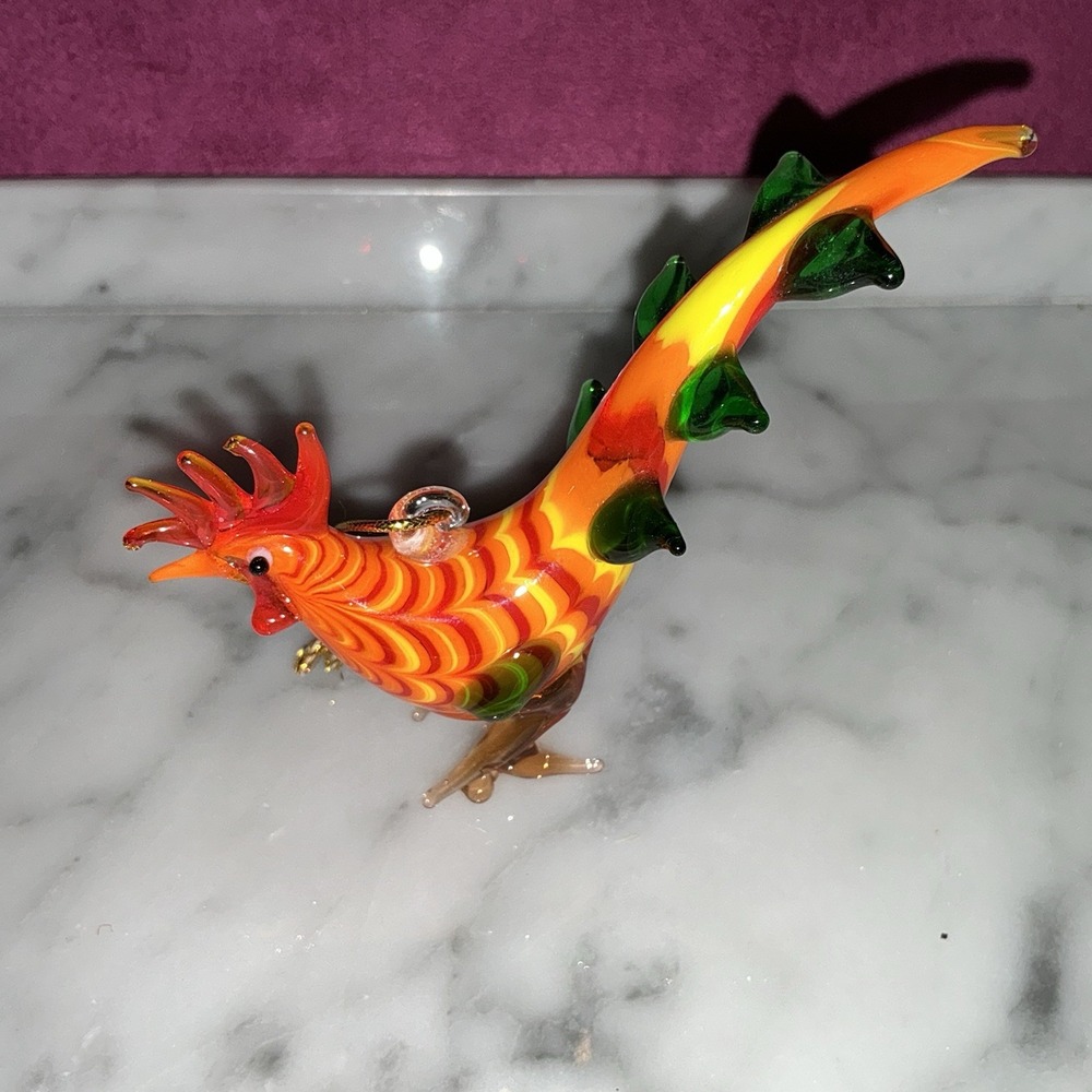 Murano Style Blown Glass Rooster Figurine Ornament 2-1/2"